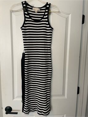 Michael Kors Black and White Striped Ribbed Tank Midi Dress